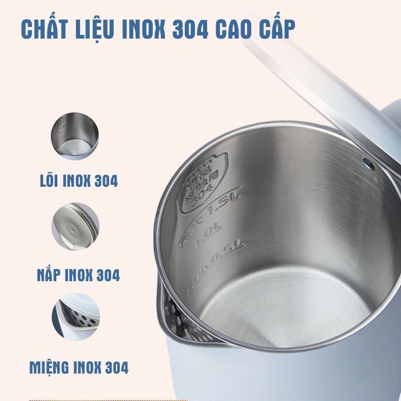 Ấm nước siêu tốc BEAR ZDH-Q15J1 - Bình đun nước lõi INOX304 cao cấp - Dung tích 1.5L - Công suất 1500W - Bảo hành 6tháng