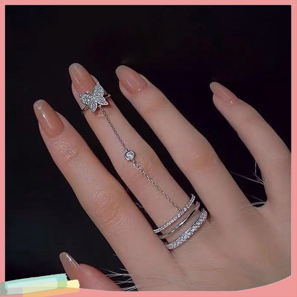Bộ Nhẫn Hợp Kim Hở Hai Lớp Trang Trí Hình Bướm Đính Đá Xinh Xắn Cho Nữ