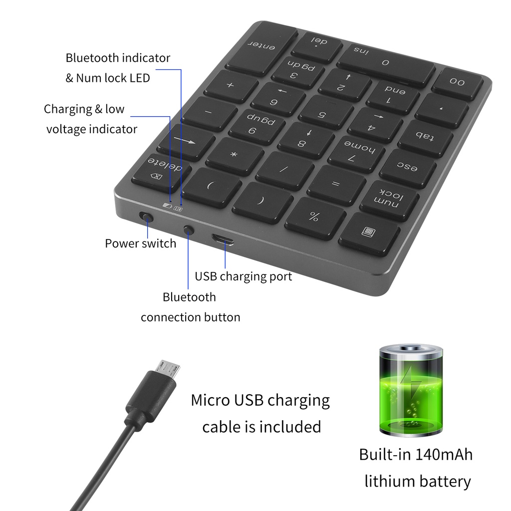 Bàn Phím Số 28 Nút Không Dây Bluetooth 3.0 Sạc Được Bằng Hợp Kim Nhôm
