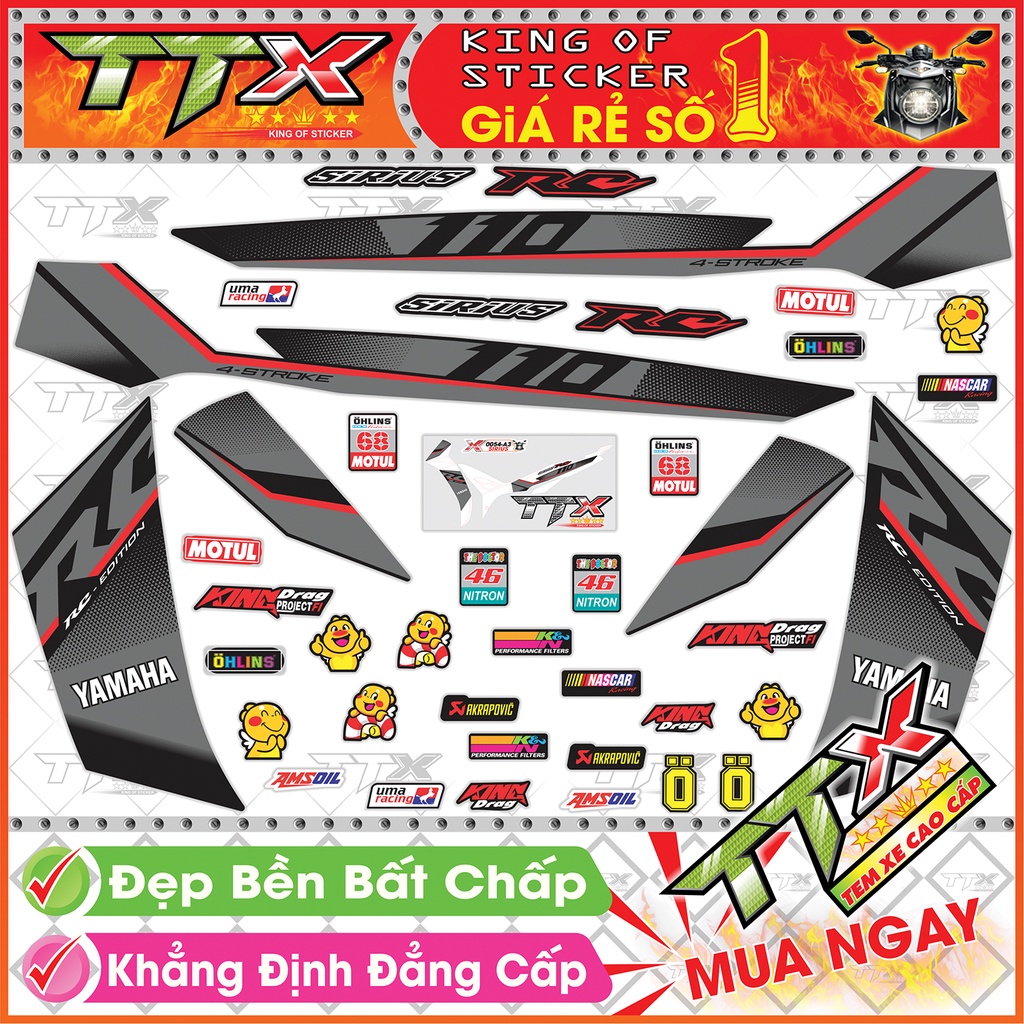Tem Xe Sirius 110 RC Xám Đen Đỏ Điểm Nhấn - Tem Sirius RC Đỏ Xám Đen Siêu Đẹp - Mẫu Team Sirius Xám Đen Đỏ