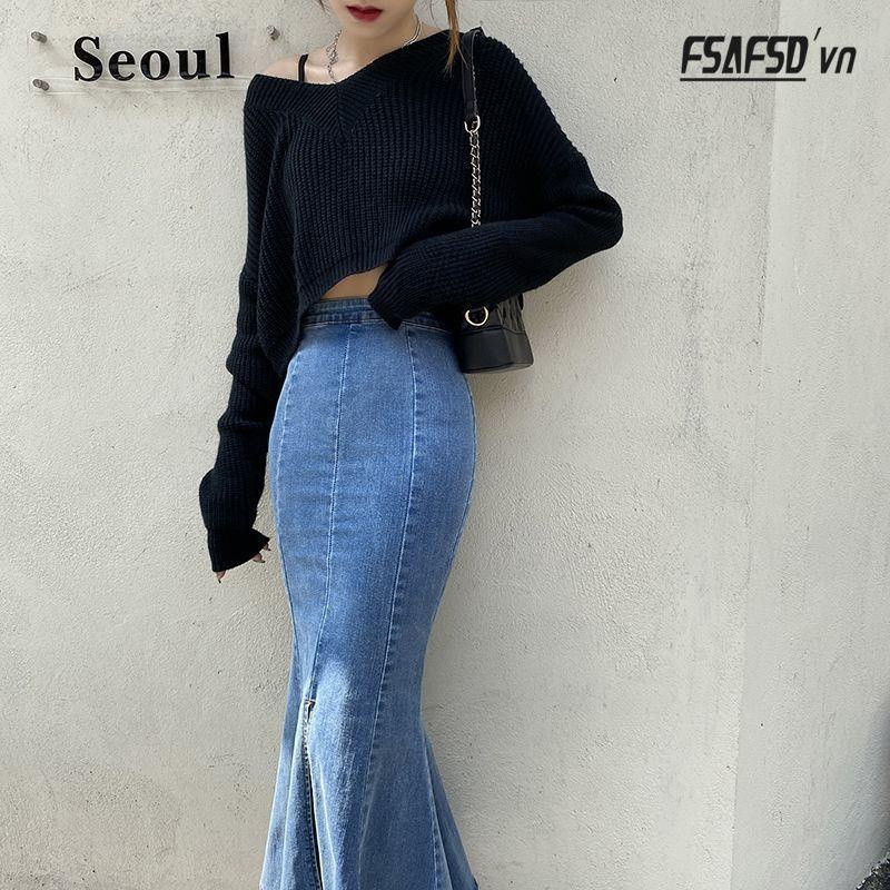 Chân Váy Denim Lưng Cao Xẻ Tà Thời Trang Dành Cho Nữ