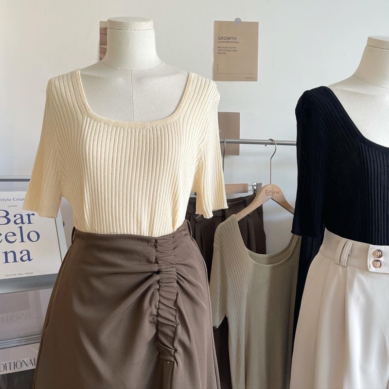 Áo montagut cổ vuông, bảng màu vintage chất mát