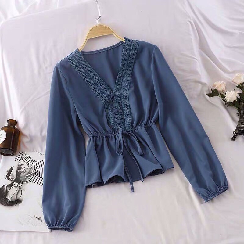 [Mã FAMAYWA giảm 10K đơn 50K] áo kiểu cổ V tay dài bo xinh kèm ảnh thật | BigBuy360 - bigbuy360.vn