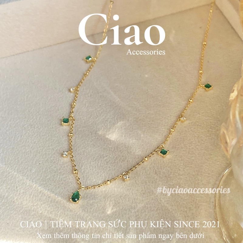 [HOẢ TỐC 1H] Dây chuyền/ Vòng cổ mạ bạc S925 thiết kế đính đá xanh lấp lánh nữ tính Princess Ciao