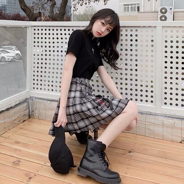 Chân váy kẻ xếp li ngắn dáng xòe túi hộp kèm chuỗi xích Ulzzang Korea siêu chất 😍