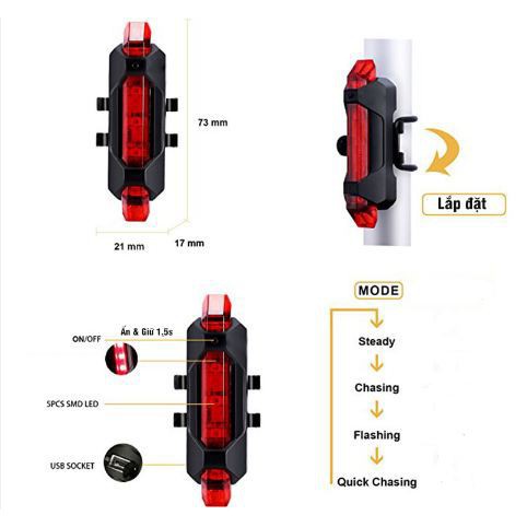 Đèn gắn xe đạp 3 chế độ siêu sáng kiêm còi to chất lượng, Tặng kèm đèn hậu sau xe