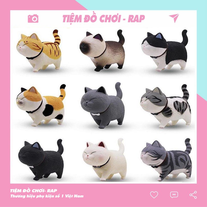 Set 9 mô hình mèo Munchkin đi bộ đeo chuông nhiều màu sắc dễ thương cute để bàn trang trí góc làm việc full bộ  - Rap