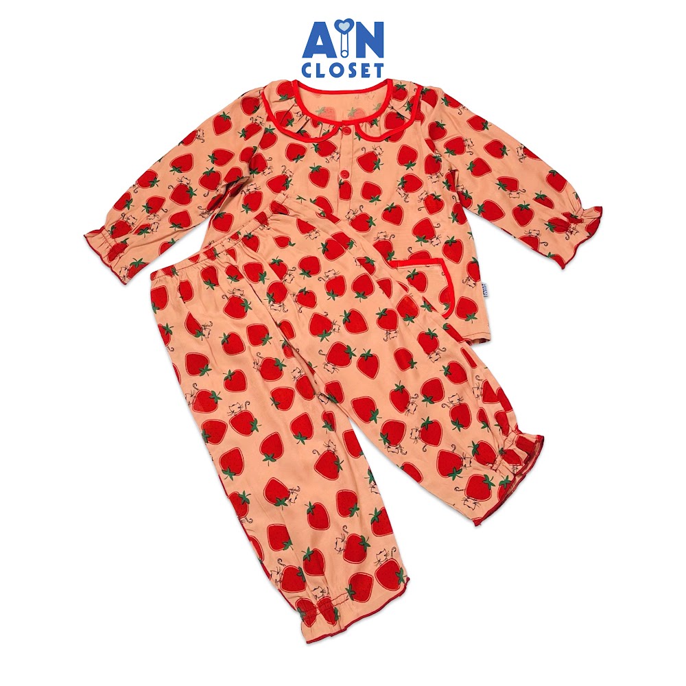 Bộ quần áo dài bé gái họa tiết Dâu đỏ đũi tằm - AICDBGITUIJ3 - AIN Closet