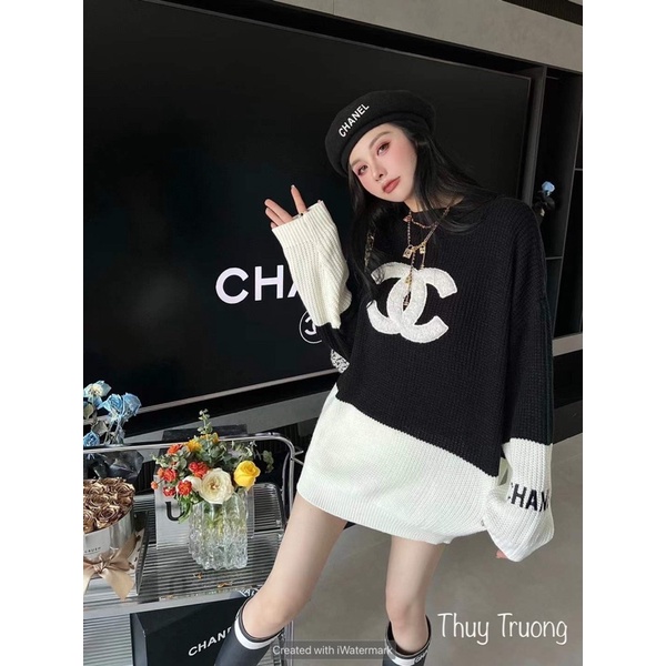 Áo len chane pha màu trắng đen cao cấp