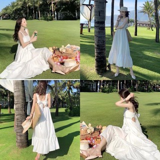 [HÀNG LOẠI 1] Váy maxi đi biển hở lưng / Đầm maxi trắng dài thắt nơ sẵn hàng kèm video