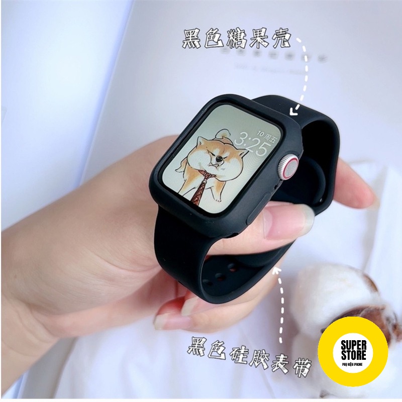 Dây silicon + Ốp kèm KÍNH CƯỜNG LỰC phối màu đẹp dành cho đồng hồ thông minh  Apple Watch iWatch Series 7 6 SE 5 4 3 2 1