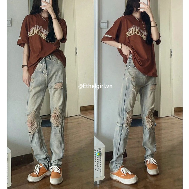 Quần Jean Nữ Lưng Cao Ống Đứng Rách Gối Phong Cách Đường Phố