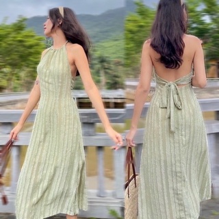 Đầm midi xanh cổ yếm phối nơ lưng