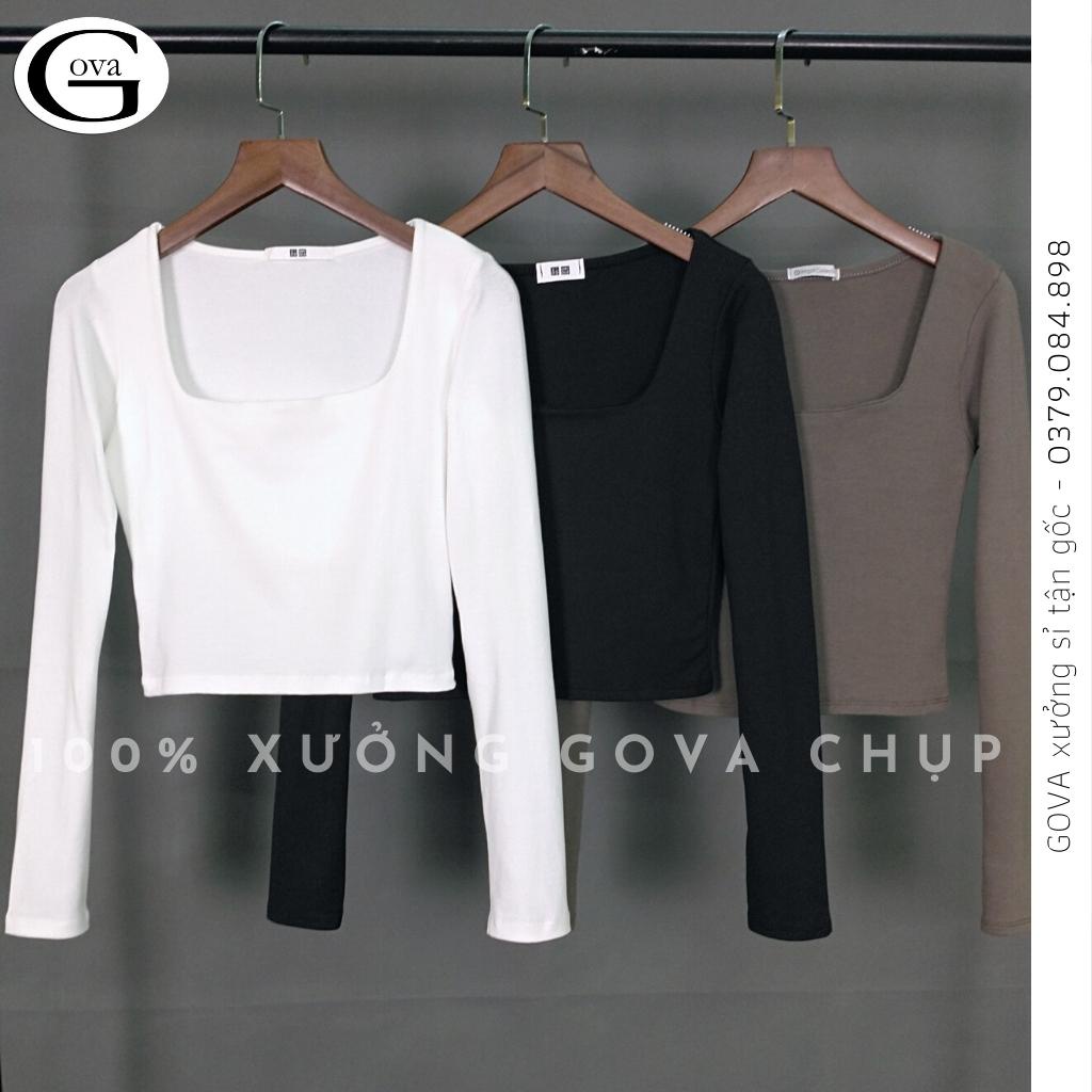 Áo Cổ Vuông Tay Dài Croptop, Áo Kiểu Vải Thun Cotton Cao Cấp Mịn Co Giãn Tốt GOVA