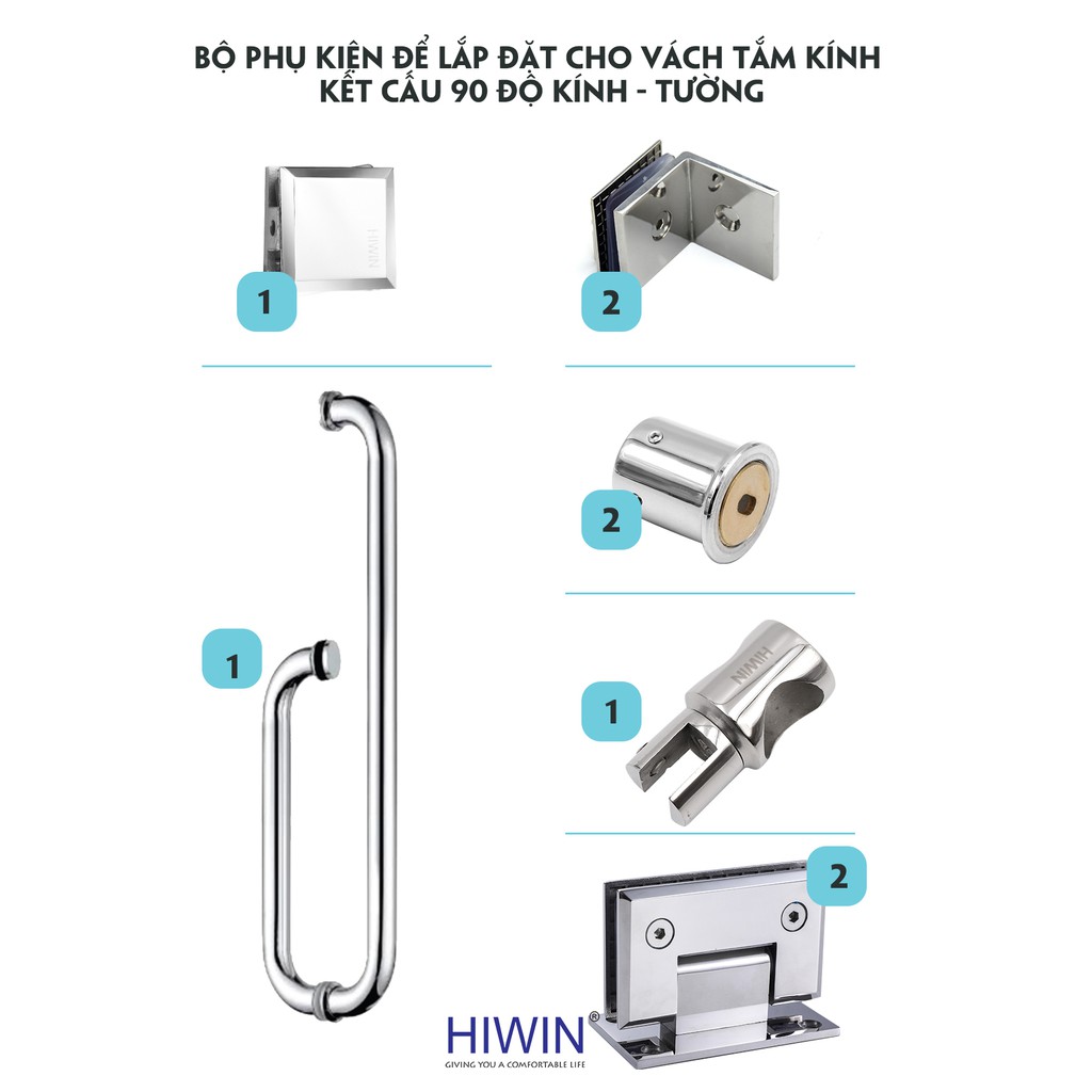 Bộ phụ kiện vách tắm kính kết cấu 90 độ kính - tường SUS304 Hiwin PKF-90KT