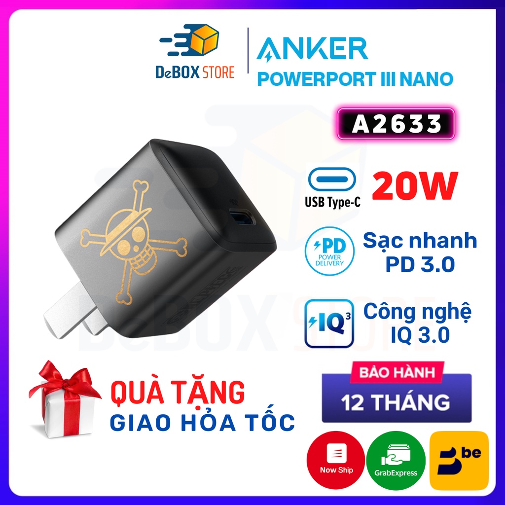 【Giao Hỏa Tốc】Cốc sạc ANKER x OnePiece PowerPort III Nano 20W 1 cổng USB-C PiQ 3.0 tương thích PD - A2633 Chính hãng