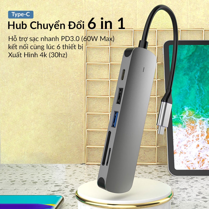 Bộ Hub Chuyển Đổi 6 in 1 Retro Type C Dùng Cho Macbook, iPad, Samsung, Xiaomi, Xuất Hình Ảnh 4K/30Hz, TF/SD Card