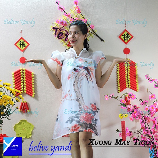 Đầm Cổ Tàu, Tay Ngắn, In Hoa, Cực Dễ Thương, Chữ A Nữ, Ghị Em Bầu Xinh Xắn Mẫu Hot (Hình ảnh thật 100%