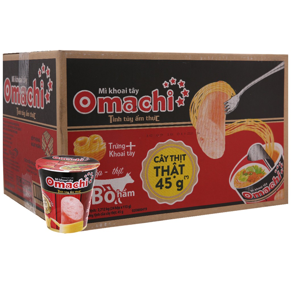 [Mã GROSALEHOT giảm 8% đơn 250K] Mì Khoai Tây Omachi Xốt Bò Hầm Thùng 24 Ly x 112g (Cây thịt thật 45g)