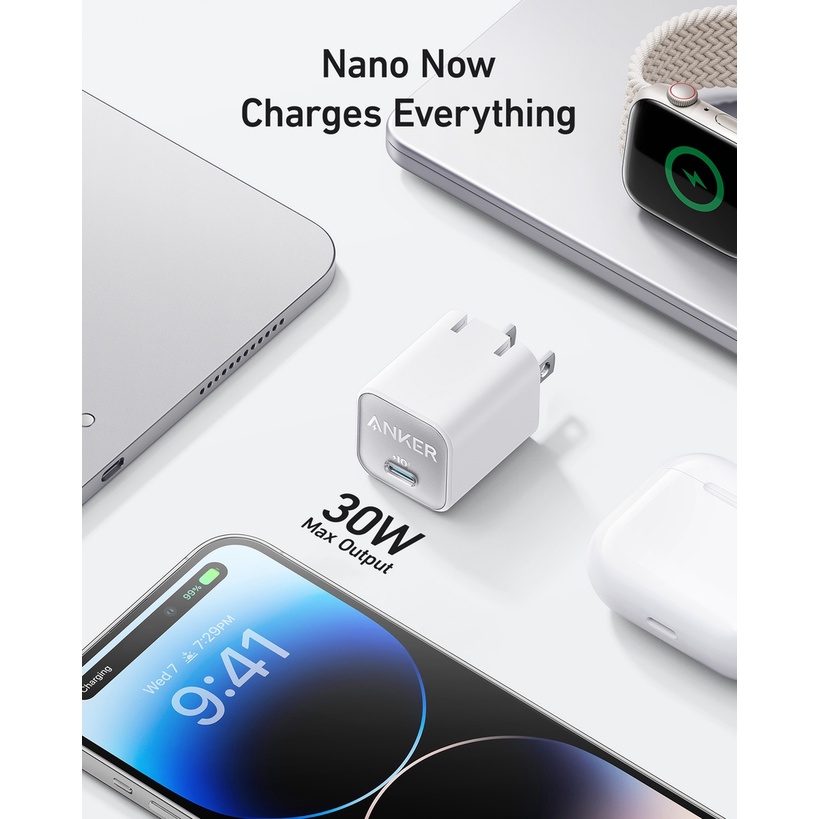 Sạc ANKER 511 Nano 3 30W 1 cổng USB-C PiQ 3.0 tương thích PD - A2147 - Hỗ trợ sạc nhanh từ iPhone 8 series trở lên.