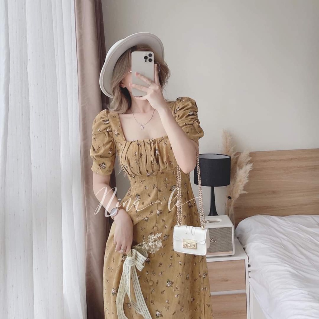 Đầm hoa dáng xòe xếp ly có mút ngực cổ vuông tay phồng dịu dàng nữ tính, đầm công sở hoa nhí