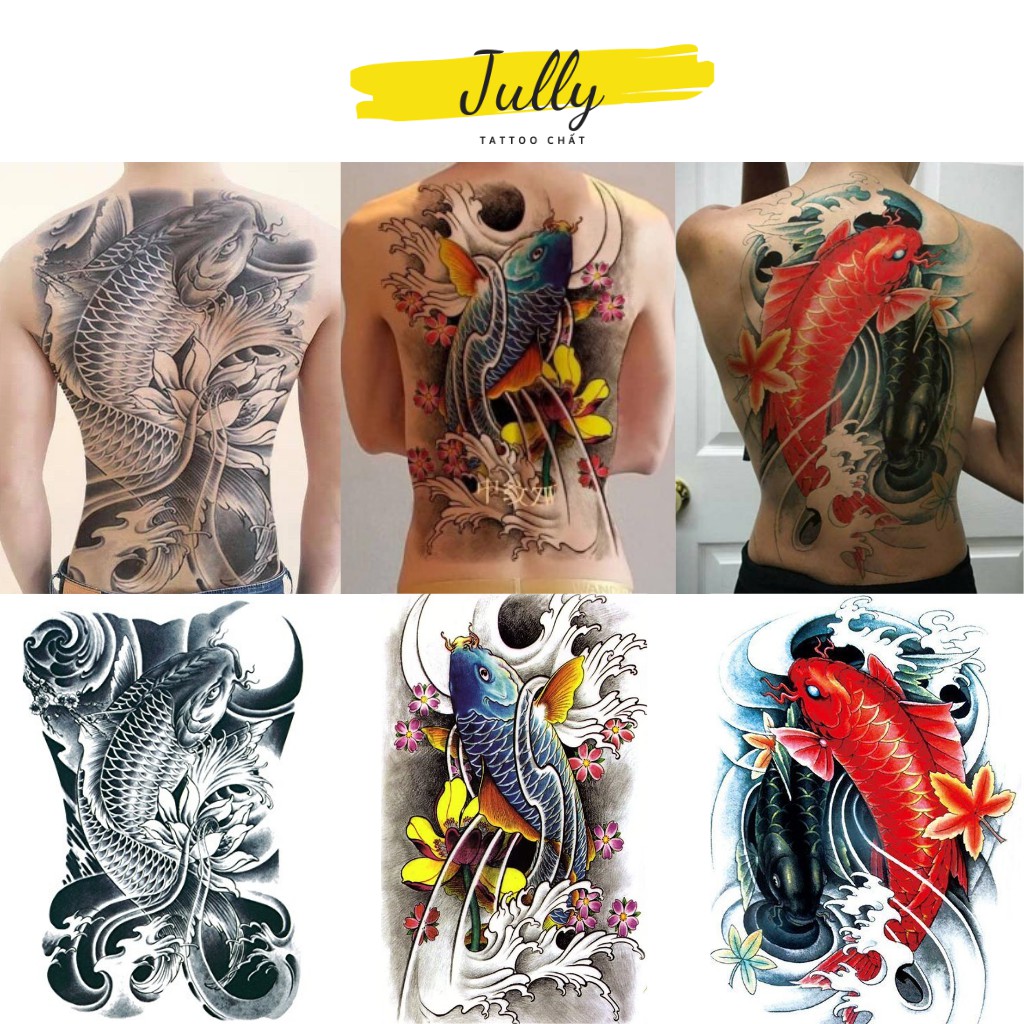 Hình xăm dán kín, full, bít lưng cá chép hóa rồng, song ngư, xăm tạm thời chống nước JULLY Tattoo chất