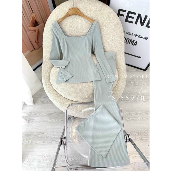 Set áo cổ u tay dài xẻ tà, quần ống loe SET23