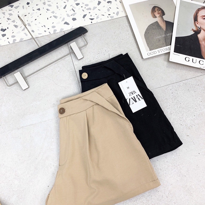 quần short nữ cạp cao kèm đai màu đen be cho nữ