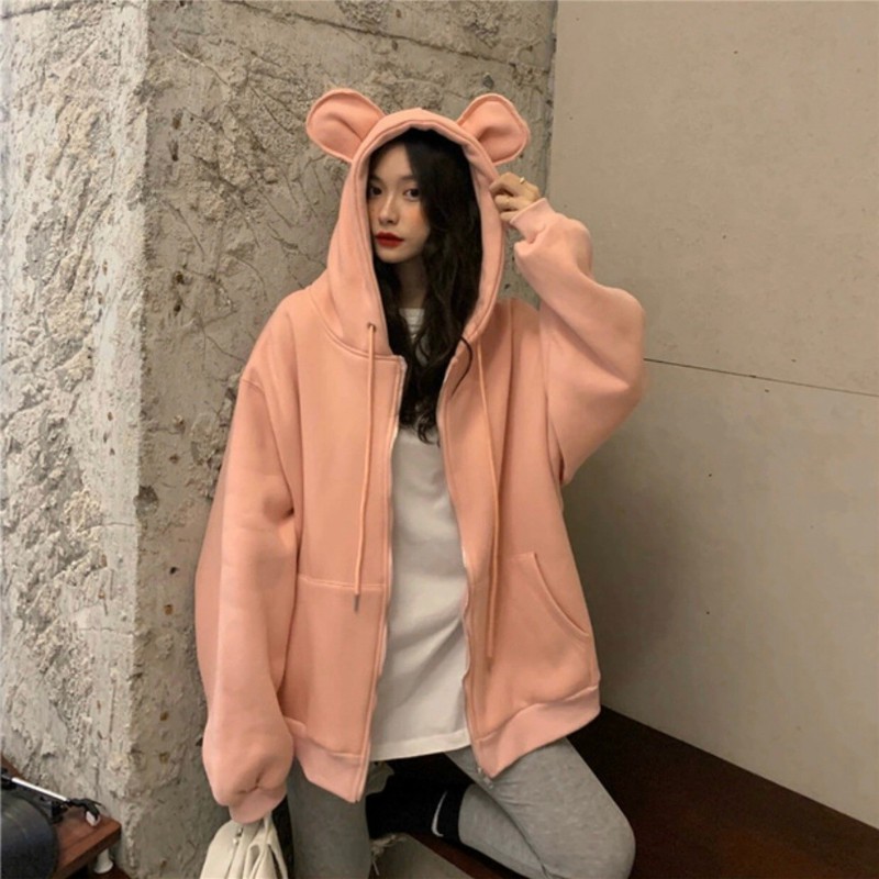 Áo hoodie trơn tai gấu Áo khoác nỉ basic phong cách ulzzang dễ thương