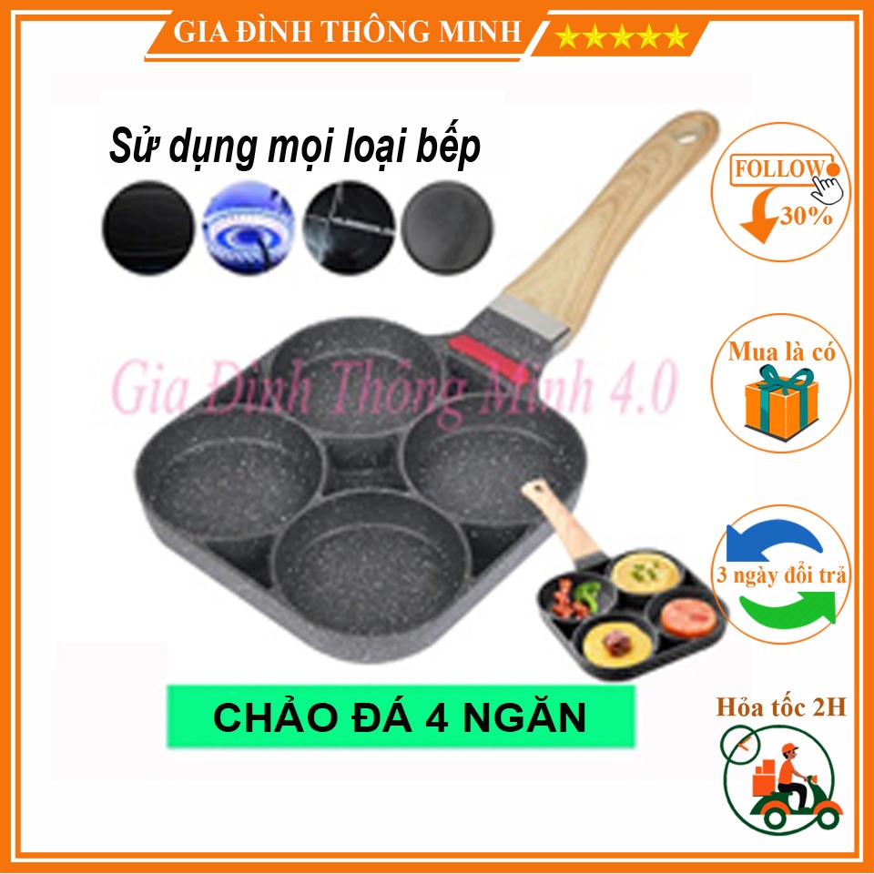 (𝗚𝗶𝗮́ 𝗦𝗶̉) Chảo Đá Chống Dính Chia 4 Ngăn, Chiên Trứng, Rán Bánh, Đa Năng Tiện Dụng Dùng Được Mọi Loại Bếp