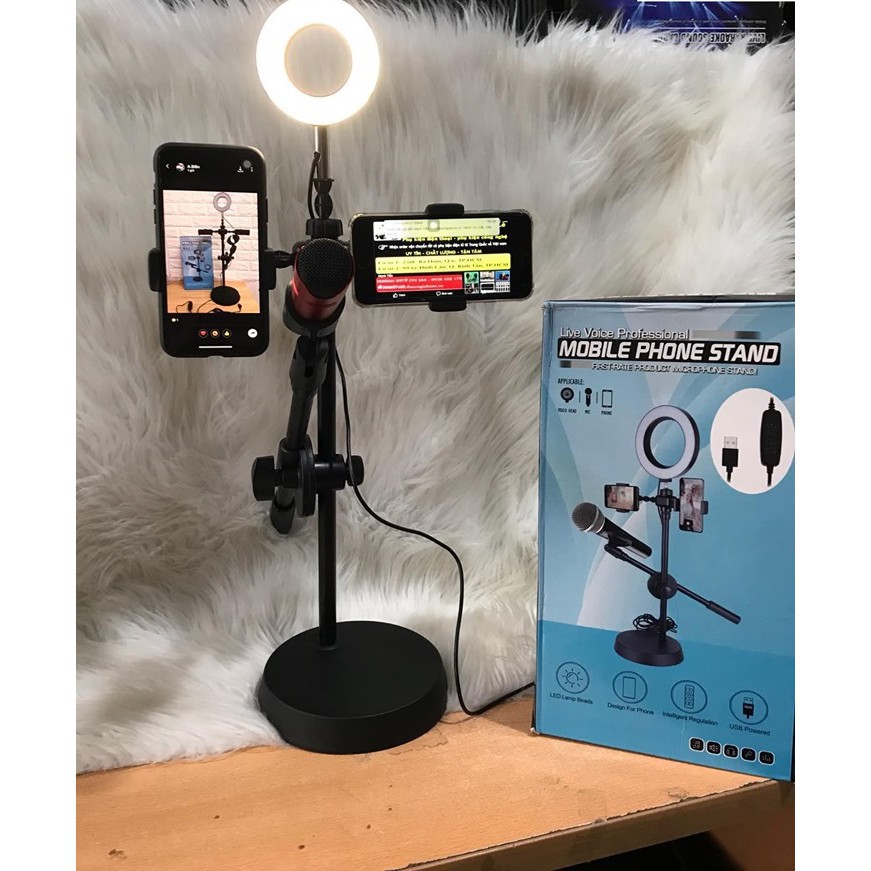 Đèn livestream 4in1 để bàn có chân đỡ micro livestream 2 kẹp điện thoại - bộ giá đỡ điện thoại livestream 4in1