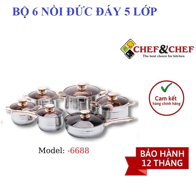 BỘ NỒI ĐỨC 6 MÓN 12 CHI TIẾT VUNG KÍNH CHEF&CHEF ĐÁY TỪ 5 LỚP