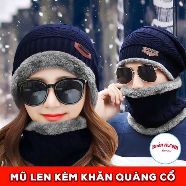 Bộ mũ len kèm khăn ống quàng cổ lót lông dày dặn giữ ấm cho mùa đông - 01483