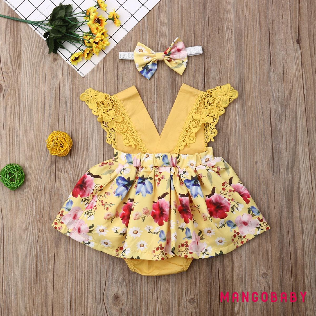 ♬MG♪-Baby Girl Infant Flower Bodysuit+Headwear Or Sleeveless Pop Dress Outfit Cotton Girls Summer Wear