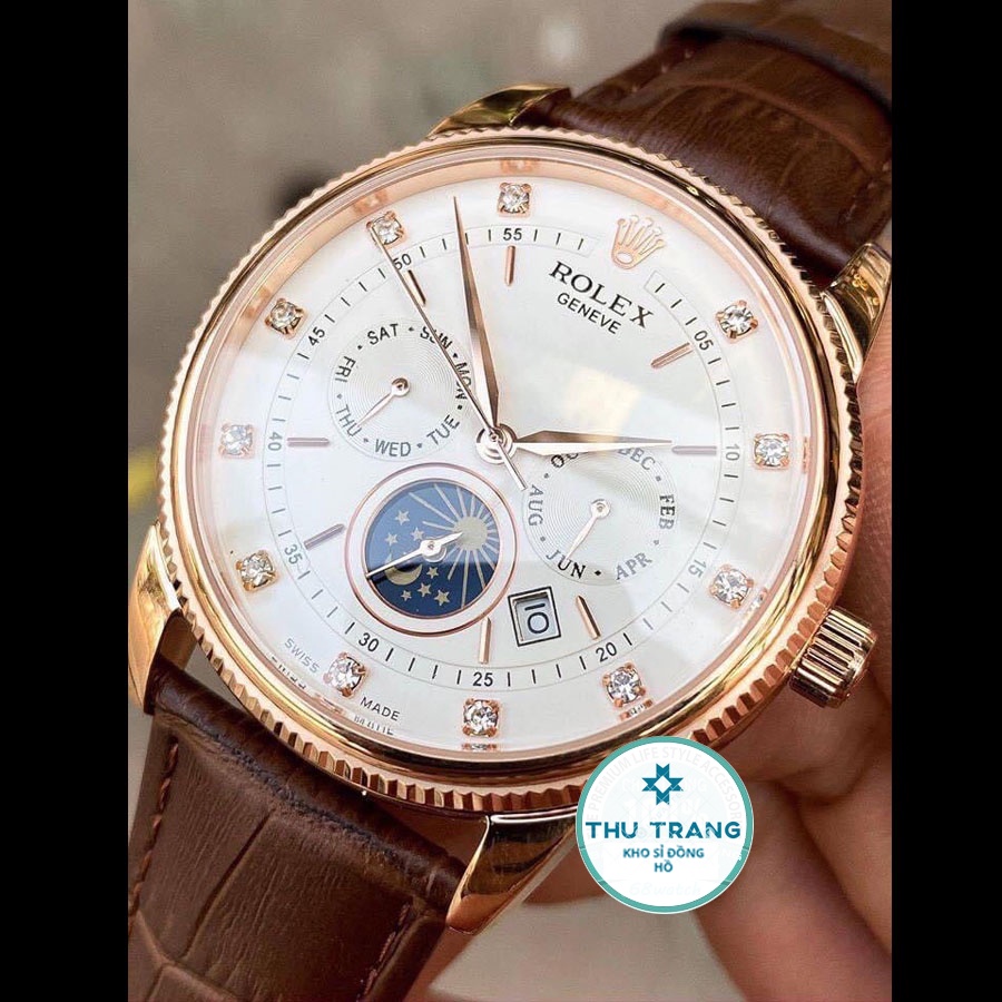 Đồng hồ Nam Rolex máy nhật, mẫu 6kim mặt số đính đá, mặt Trắng viền vàng,dòng cơ Automatic size 40mm-41mm