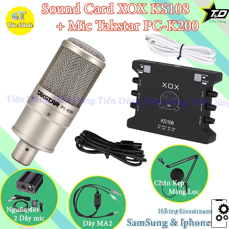 COMBO mic thu âm PC K200 sound card XOX KS108 MA2 nguồn 48v chân màng 2 dây canon- bộ live stream xoxks108 tiếng anh