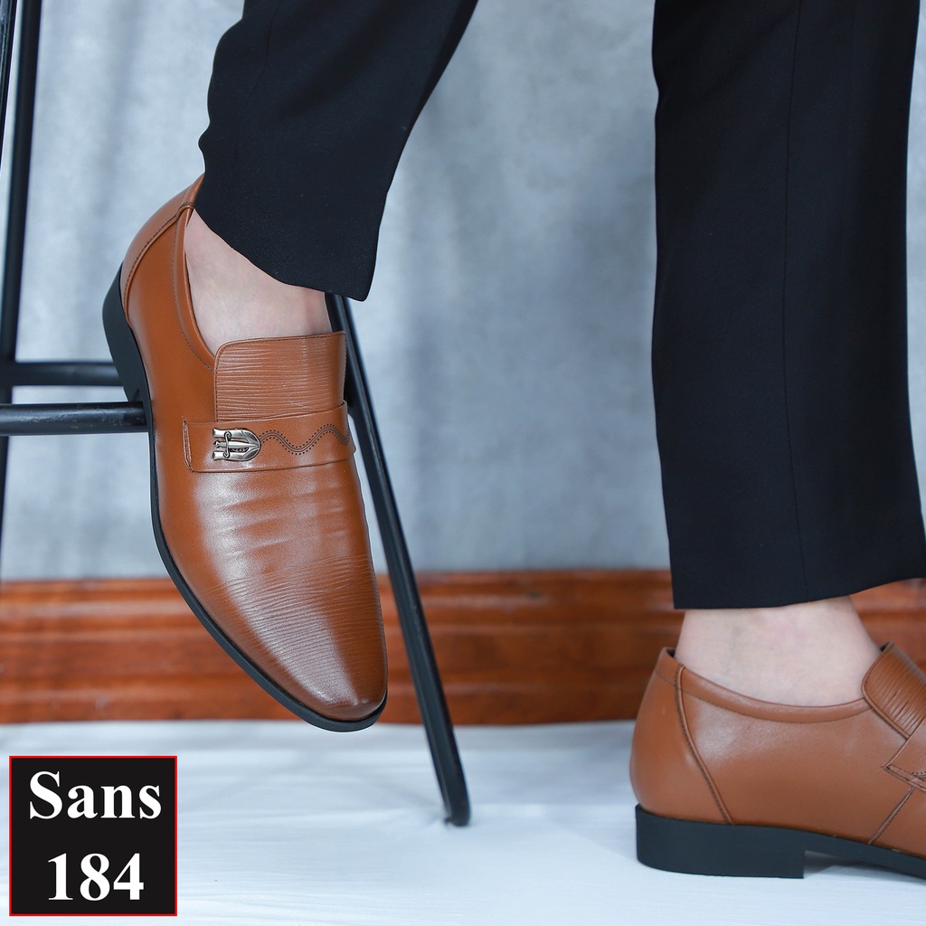 Giầy tăng chiều cao nam 7cm da bò thật Sans184 giày tây độn đế dày lười đẹp âu nâng gót màu đen nâu không dây cao cấp