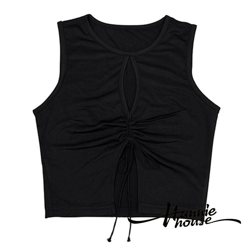 Áo tank top màu trơn khoét lỗ có dây rút thời trang mùa hè cho nữ