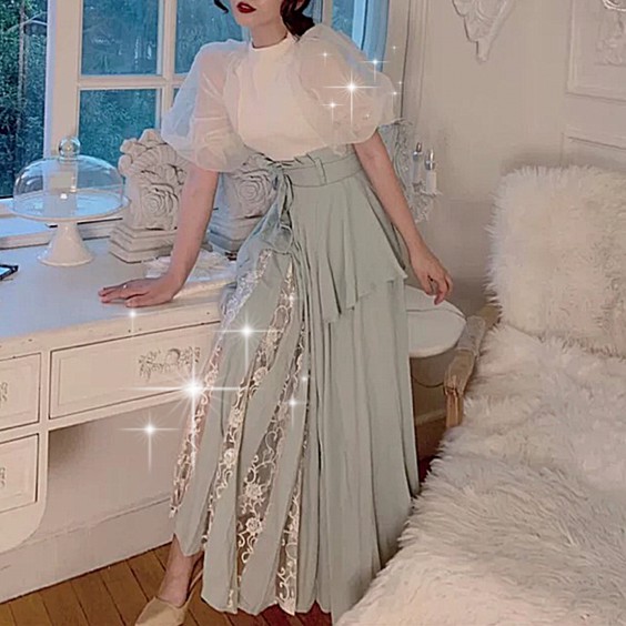 [Sẵn Hàng]♥️Set Áo Phồng+Chân Váy Ren Ulzzang(ảnh thật)Size S,M,L