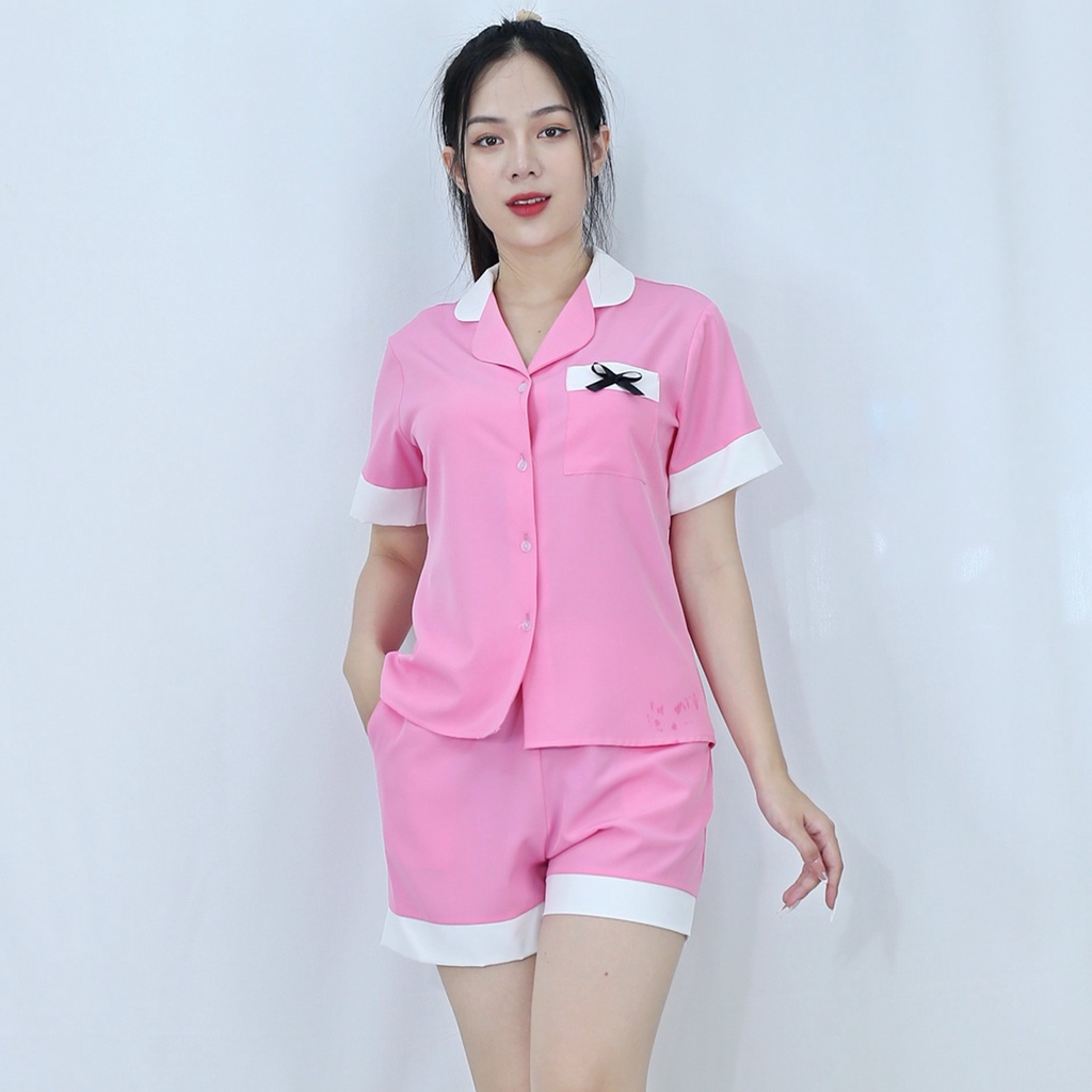 Bộ đồ bộ Pijama NGẮN HỒNG PHA CỔ TRẮNG ĐIỂM NHẤN NƠ TÚI CỰC XINH vải  lụa cao cấp -  Thoải Mái Nhẹ Nhàng
