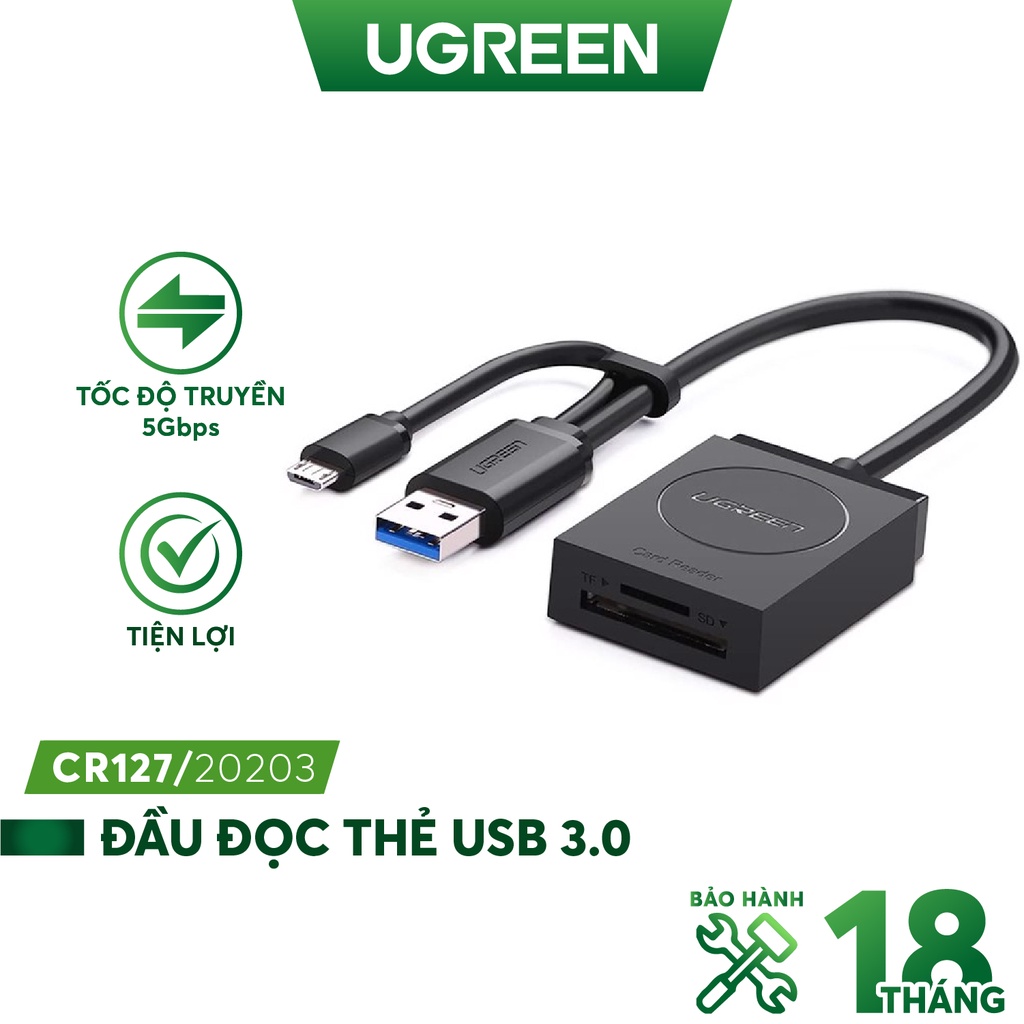 Đầu đọc thẻ USB 3.0 Card Reader Hỗ trợ thẻ TF và SD UGREEN 20203 - Hàng phân phối chính hãng