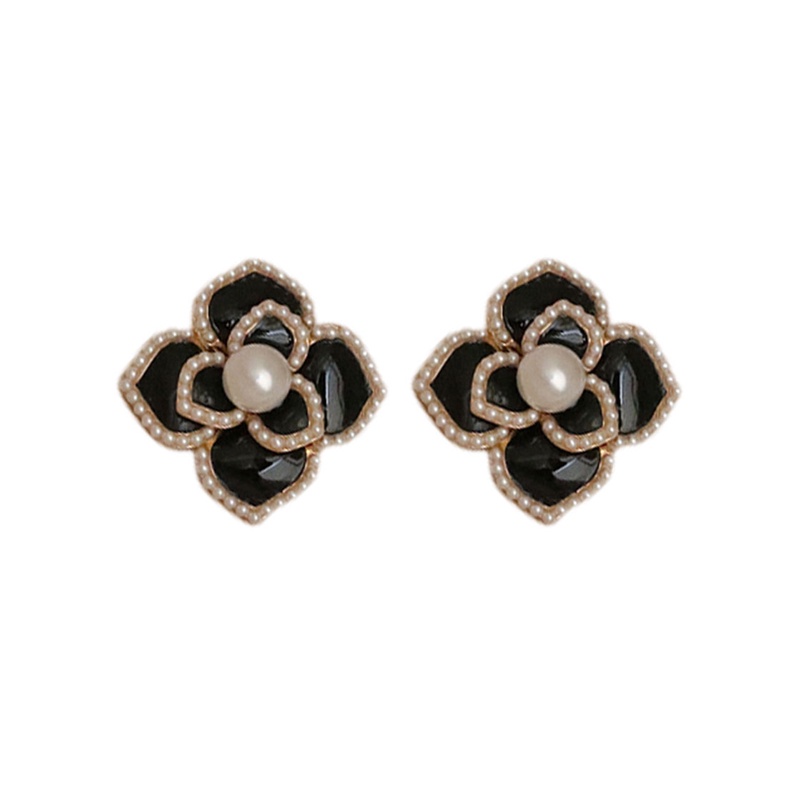 Khuyên Tai Hình Hoa Trà Đen Đính Ngọc Trai Thanh Lịch