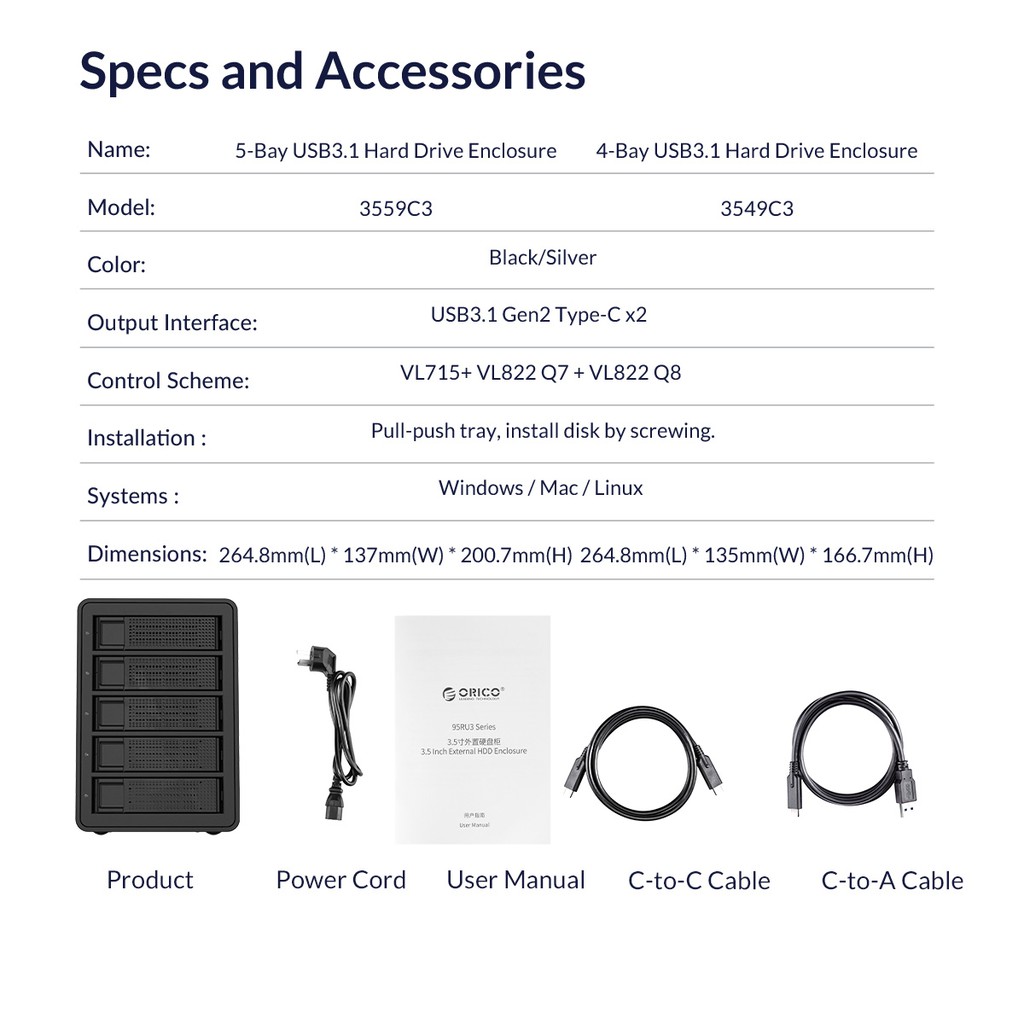 Thiết Bị Chuyển Đổi Ổ Cứng Ngoài ORICO 35 Series Enterprise 5 bay 3.5 '' HDD USB3.0 Sang SATA 150W Ốp（3559）