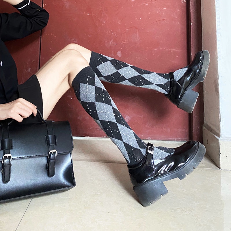 Vớ cotton cổ cao kẻ ô 4 màu sắc phong cách lolita