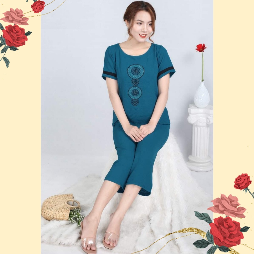 Đồ Bộ Phụ Nữ Trung Niên Vải Đũi Ống Rộng Lửng Cho Mẹ Mặc Ở Nhà Cao Cấp Thêu Hoa DT02