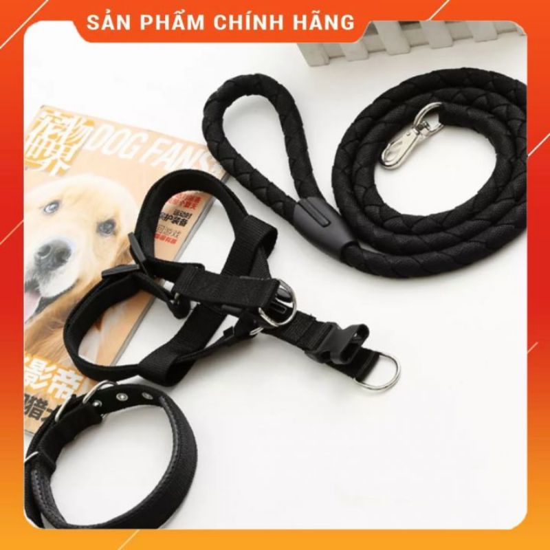 Dây dắt chó kèm dây yếm và vòng cổ vải cao cấp ko hư hại cho da thú cưng