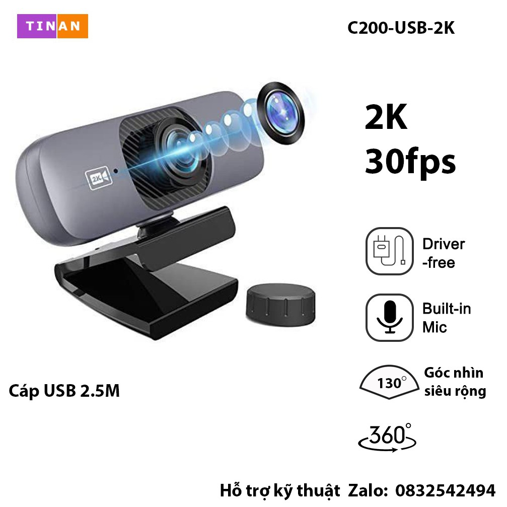 Webcam UHD 2K Kèm Micro, Xoay 360 Độ, Góc nhìn siêu rộng 130