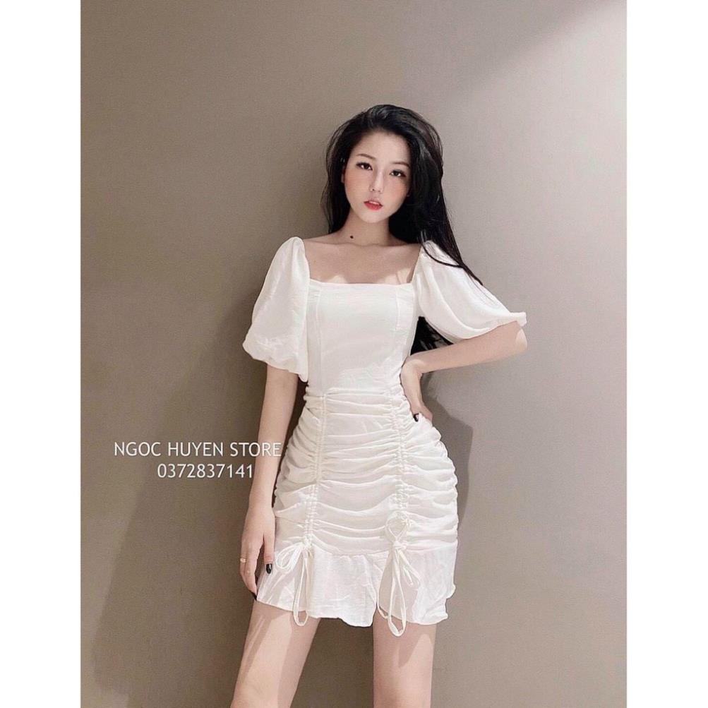 0N8-Video khách quay đầm ngắn đuôi xòe rút dây cổ vuông, váy trắng kiểu nữ ôm body đuôi cá cực xinh TASA