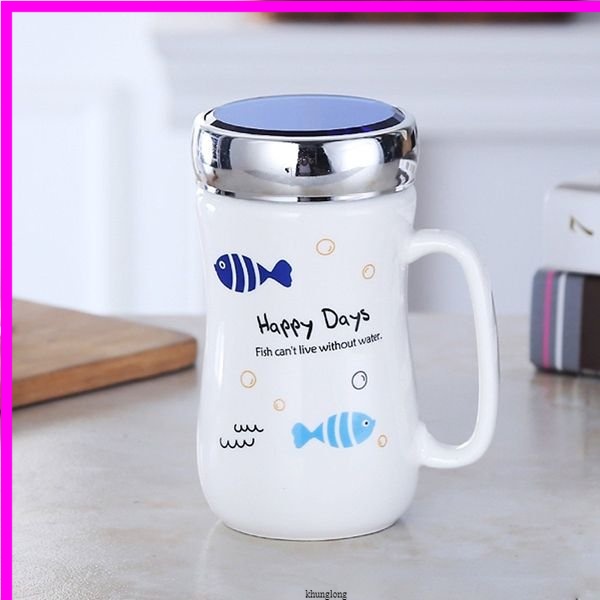 Ly giữ nhiệt bằng sứ có nắp đậy* freeship * Ca giữ nhiệt SỨ Nắp gương -Ca giữ nhiệt hình dễ thương hàng việt nam