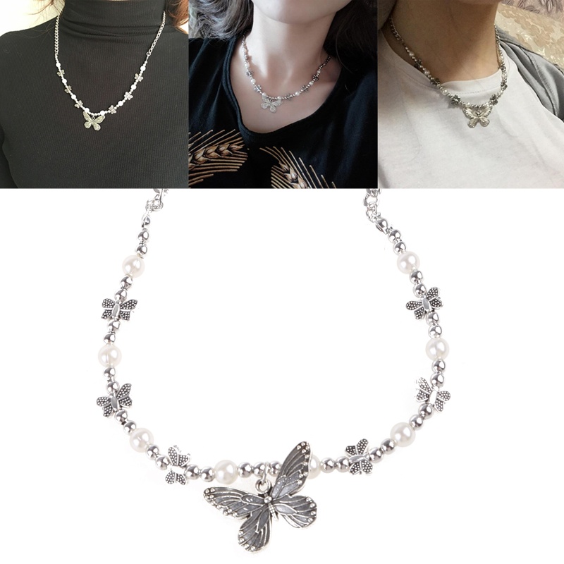 Vòng cổ Mặt Hình Bướm Đính Ngọc Trai Phong Cách Gothic Cho Nữ